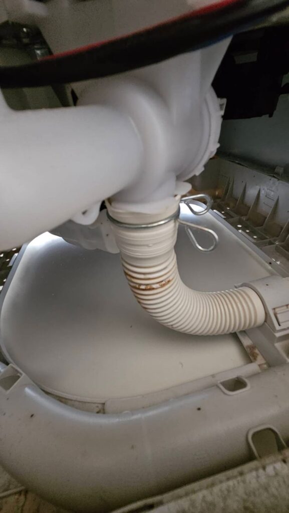 排水ホースの付け根、留め具のすぐ下から水がにじんだ跡