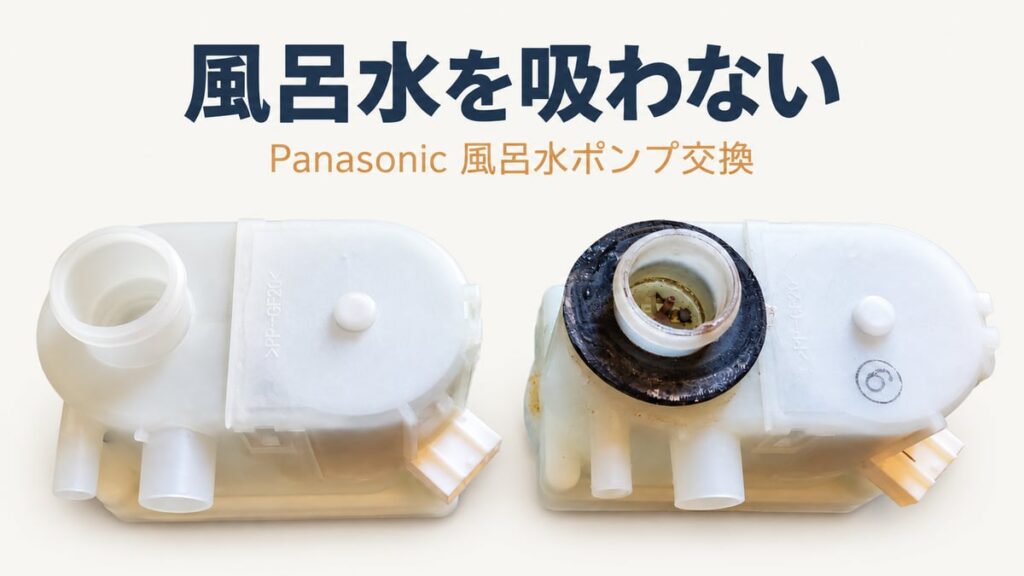 パナソニックの洗濯機が風呂水を吸わない時は風呂水ポンプ交換。新品と古い風呂水ポンプ